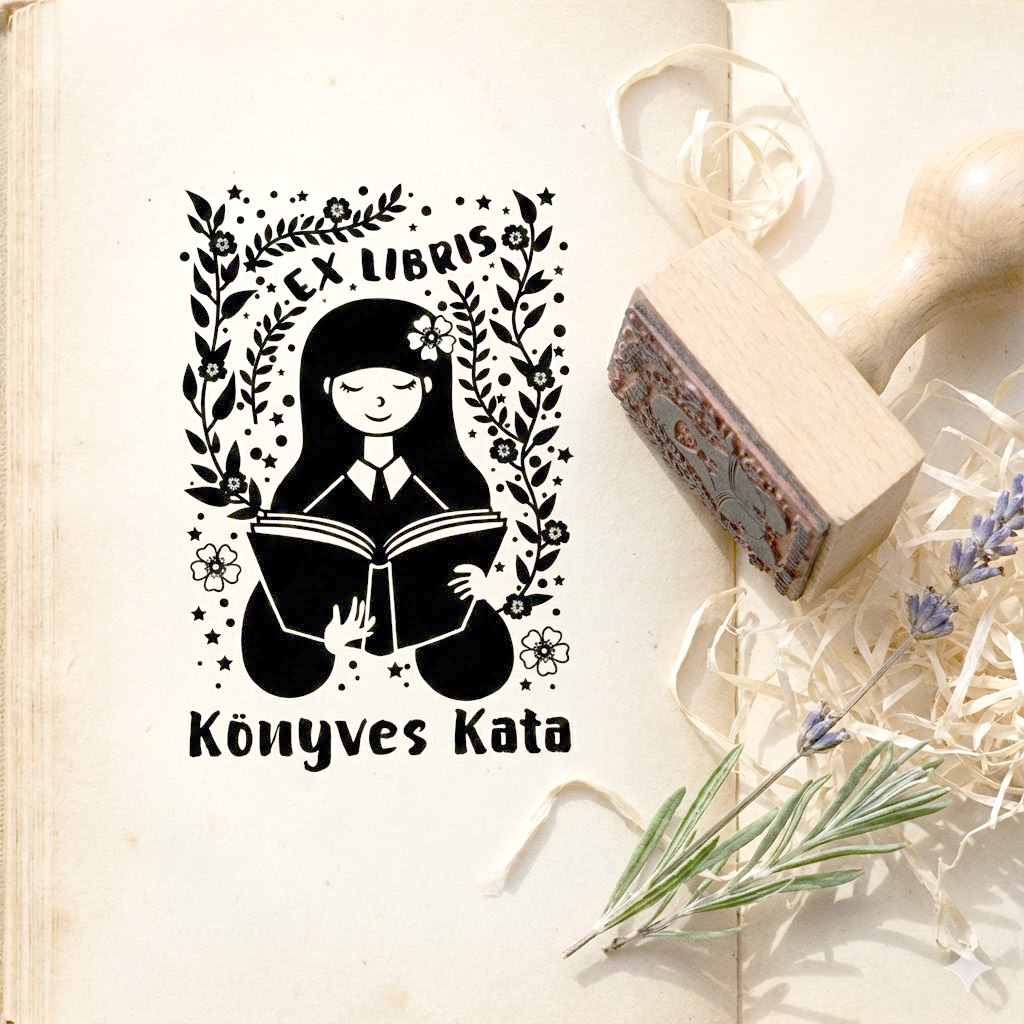 Névre szóló Ex Libris Pecsét / Könyvpecsét - Olvasó nő ex-libris-fapecsét-retró