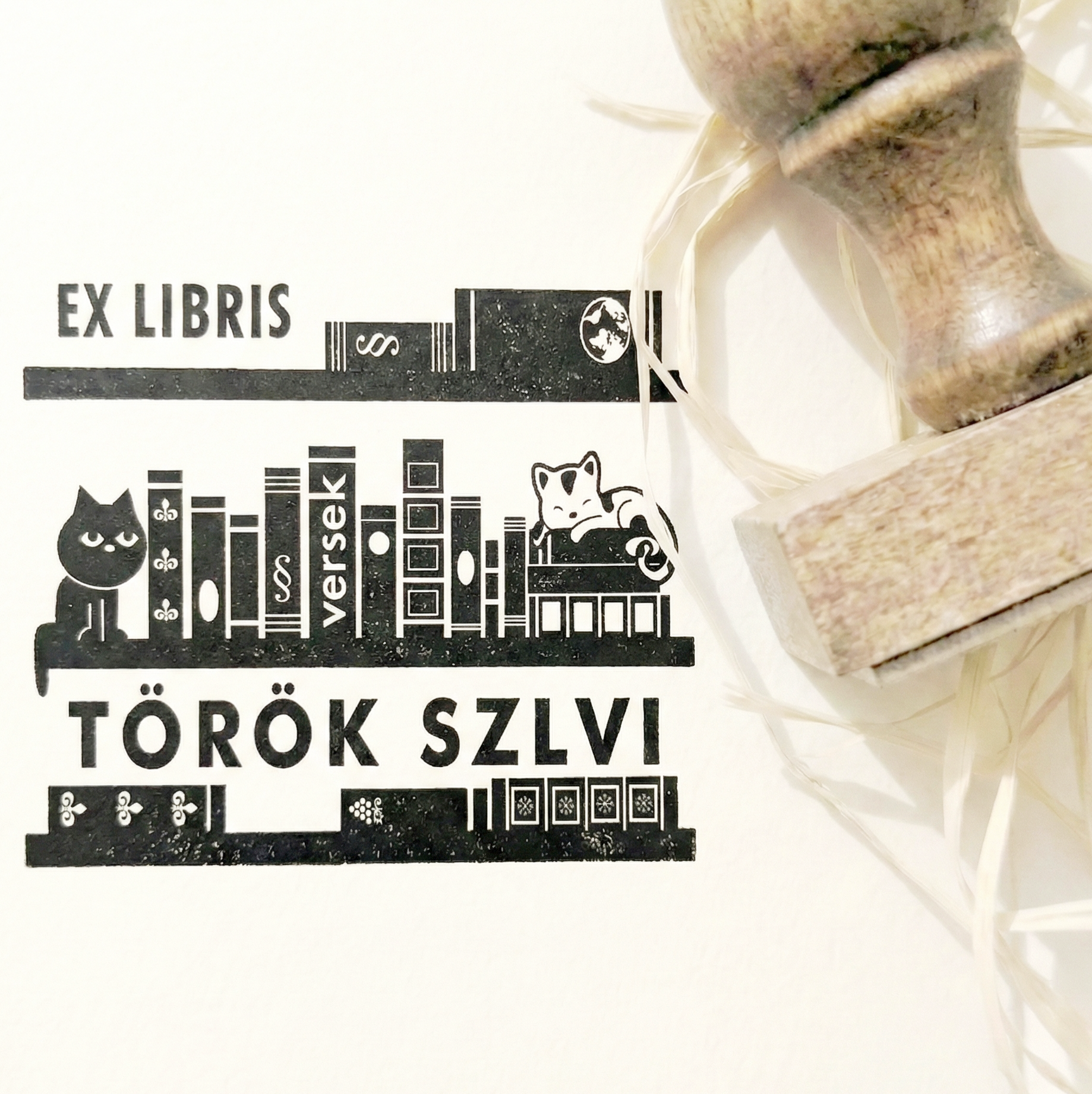Névre szóló Ex Libris Pecsét / Könyvpecsét - Macskás könyves ex-libris-fanyeles-retro